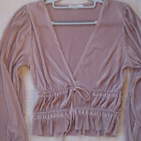 ZARA  Dark Champagne / Bronze Gold Pleated Blouse, M - Picture 2 of 8